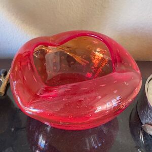 Vintage MCM Modern Murano Glass with Bullicante Bubbles Persimmon Bowl Art